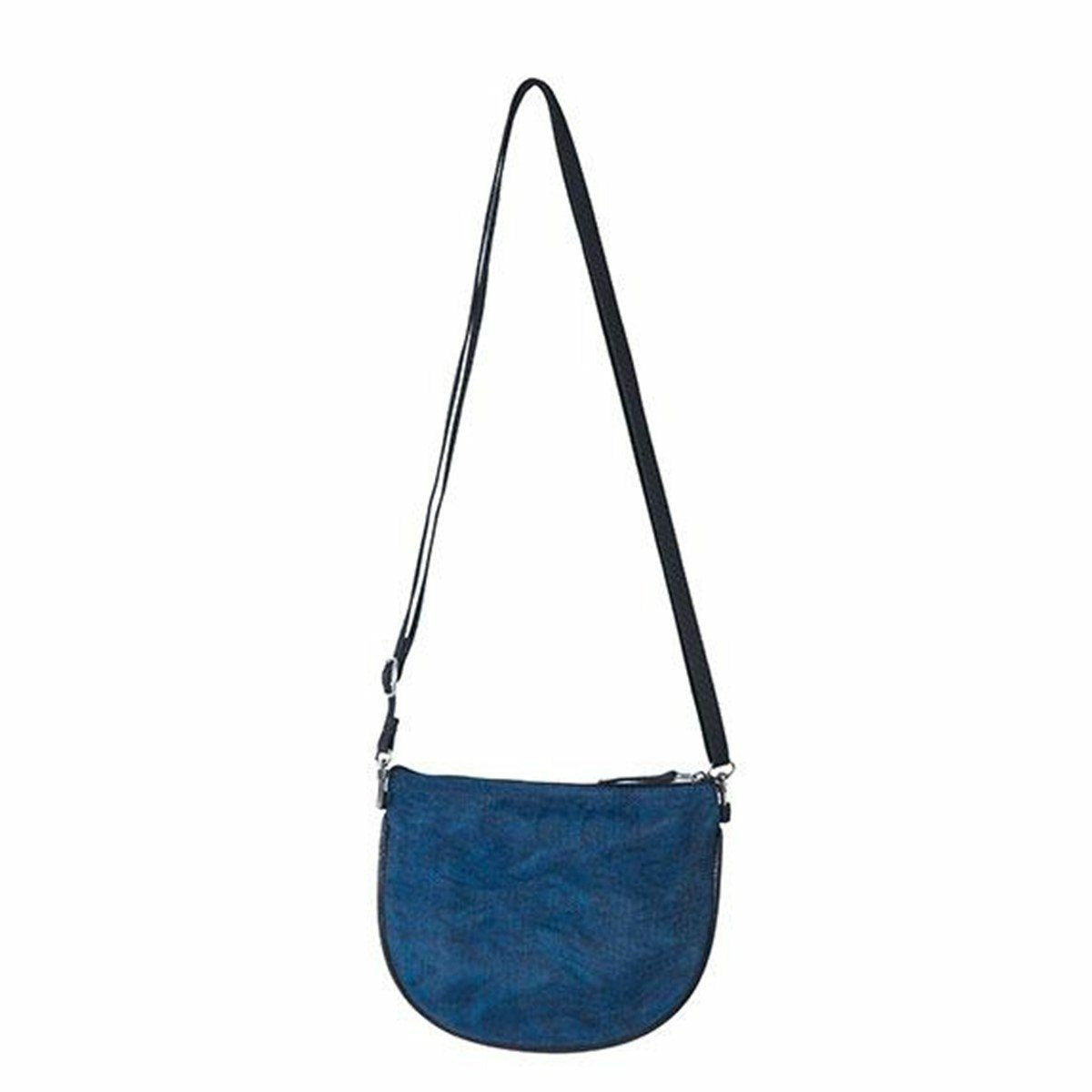 Blue crossbody bag with a black strap on a white background
