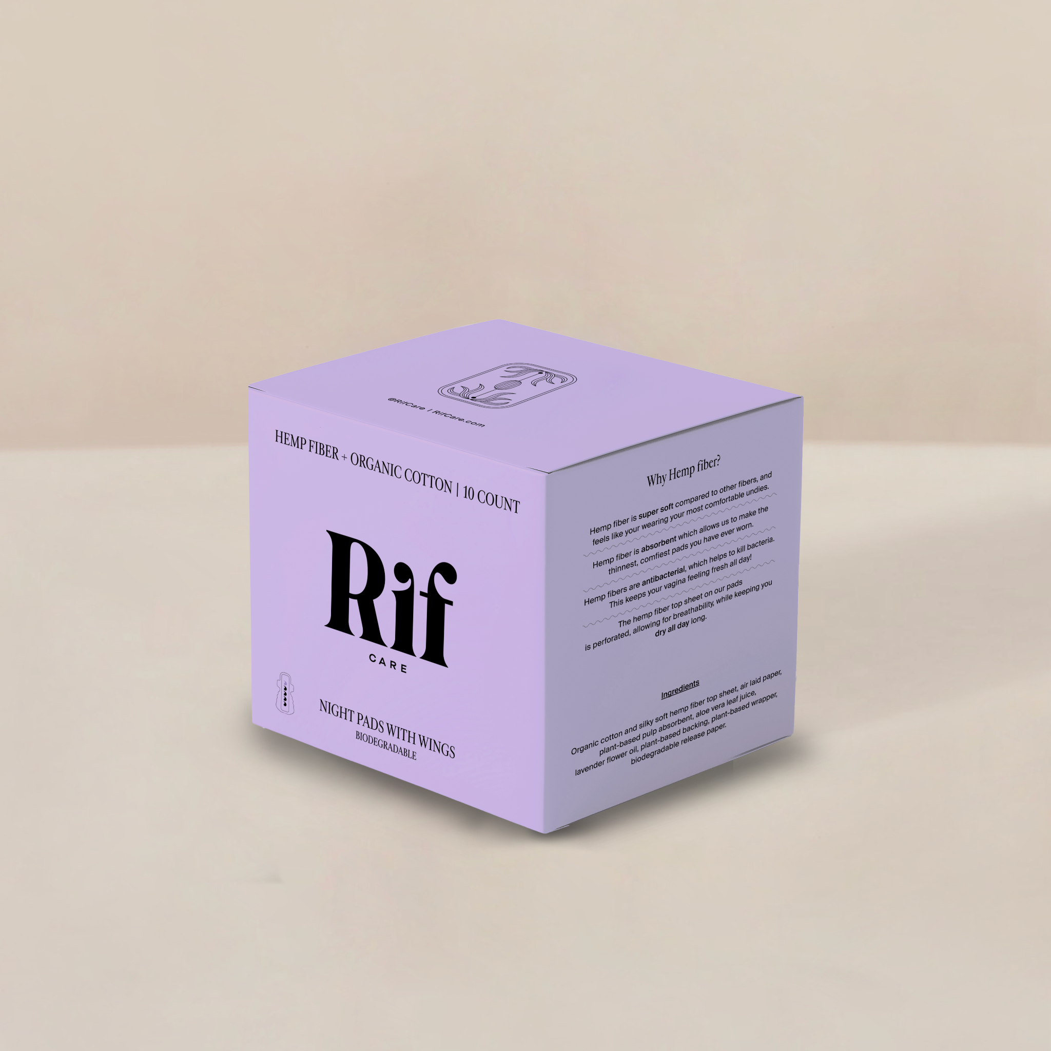 Purple box with 'Rif' branding on a beige background