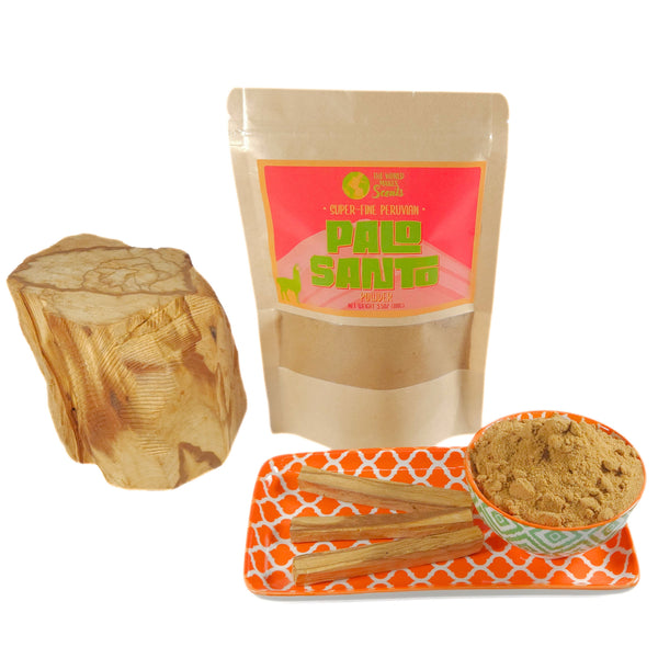 Palo Santo product set including a bag, wood piece, and incense sticks on a white background