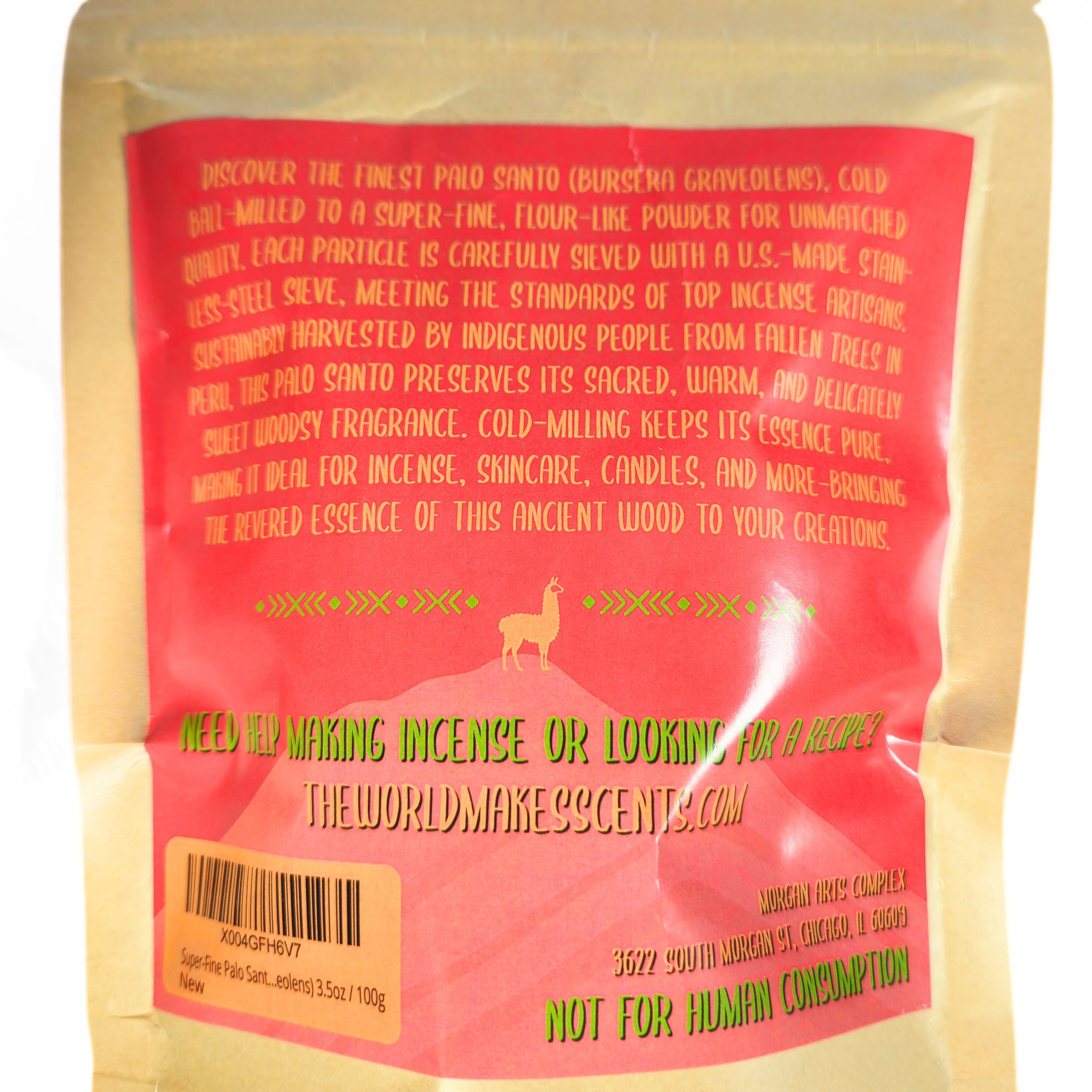 Back of a package with red and yellow text on a beige background