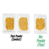 Three samples of gold powder on white trays with text comparing 'Their Powder (Sawdust)' to 'Our Powder (Fine)'.