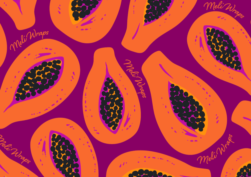 Pattern of sliced papayas with seeds on a purple background, featuring the brand 'Meli Wraps'.