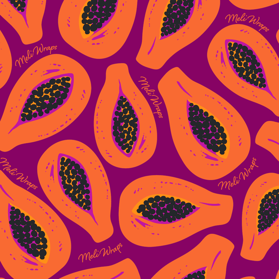Pattern of sliced papayas with black seeds on a purple background, featuring the brand 'Meli Wraps'.