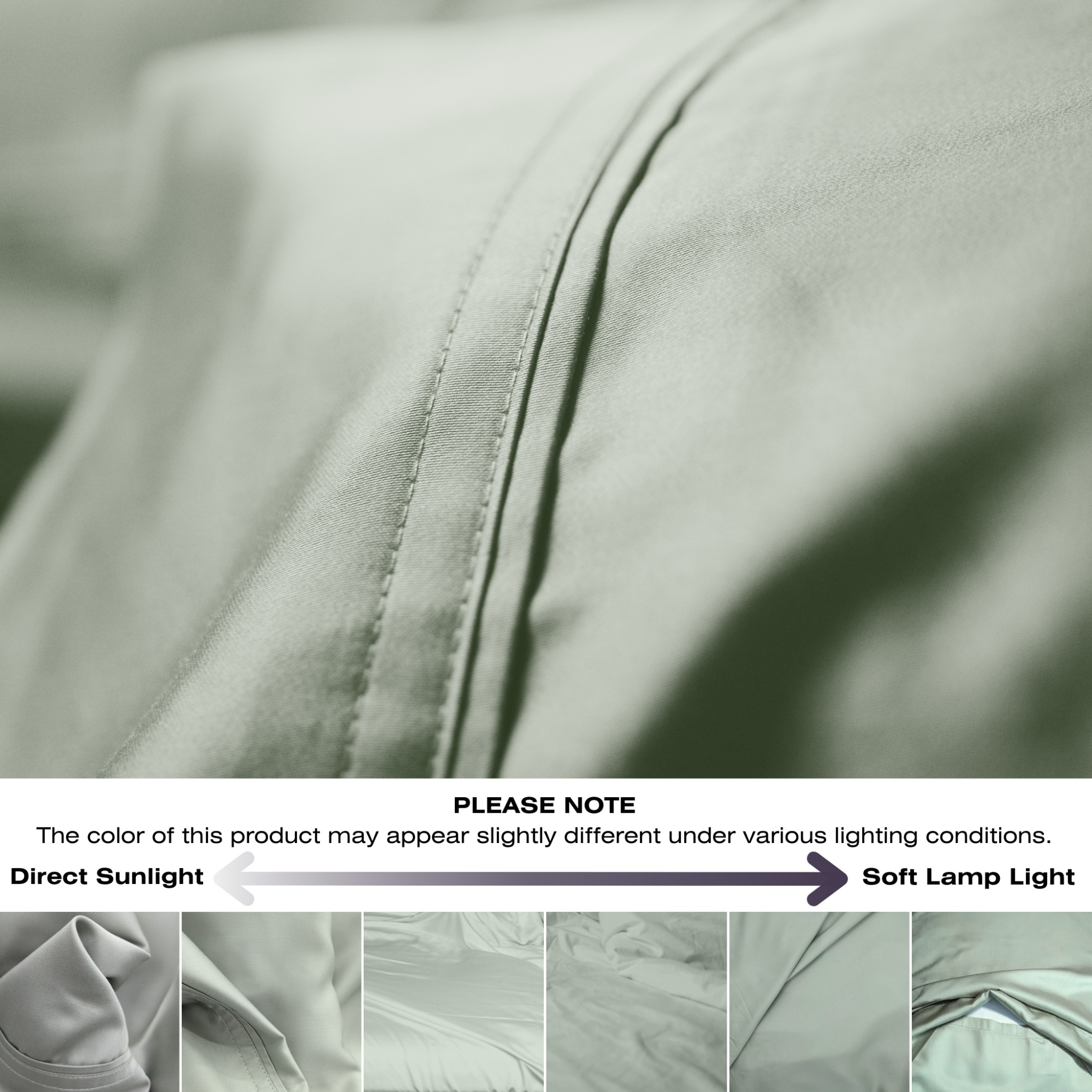 Close-up of a green fabric with stitching detail, accompanied by a color swatch comparison note.