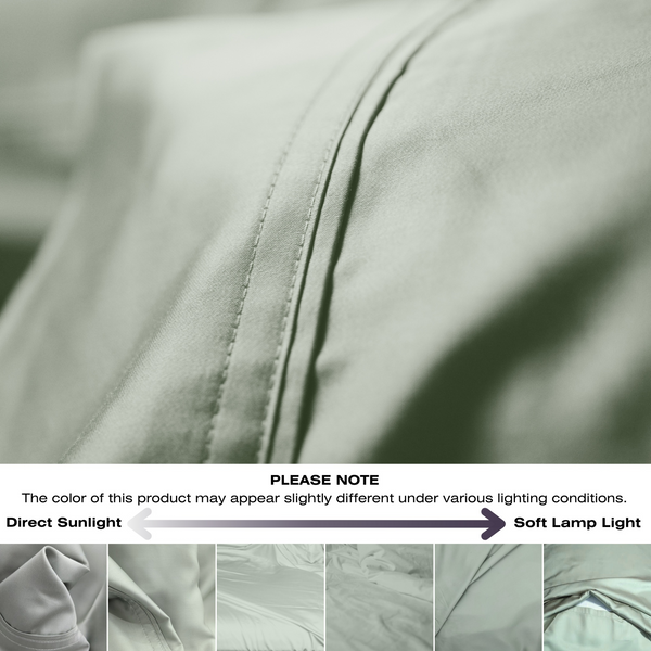 Close-up of a green fabric with stitching detail, accompanied by a color swatch comparison note.