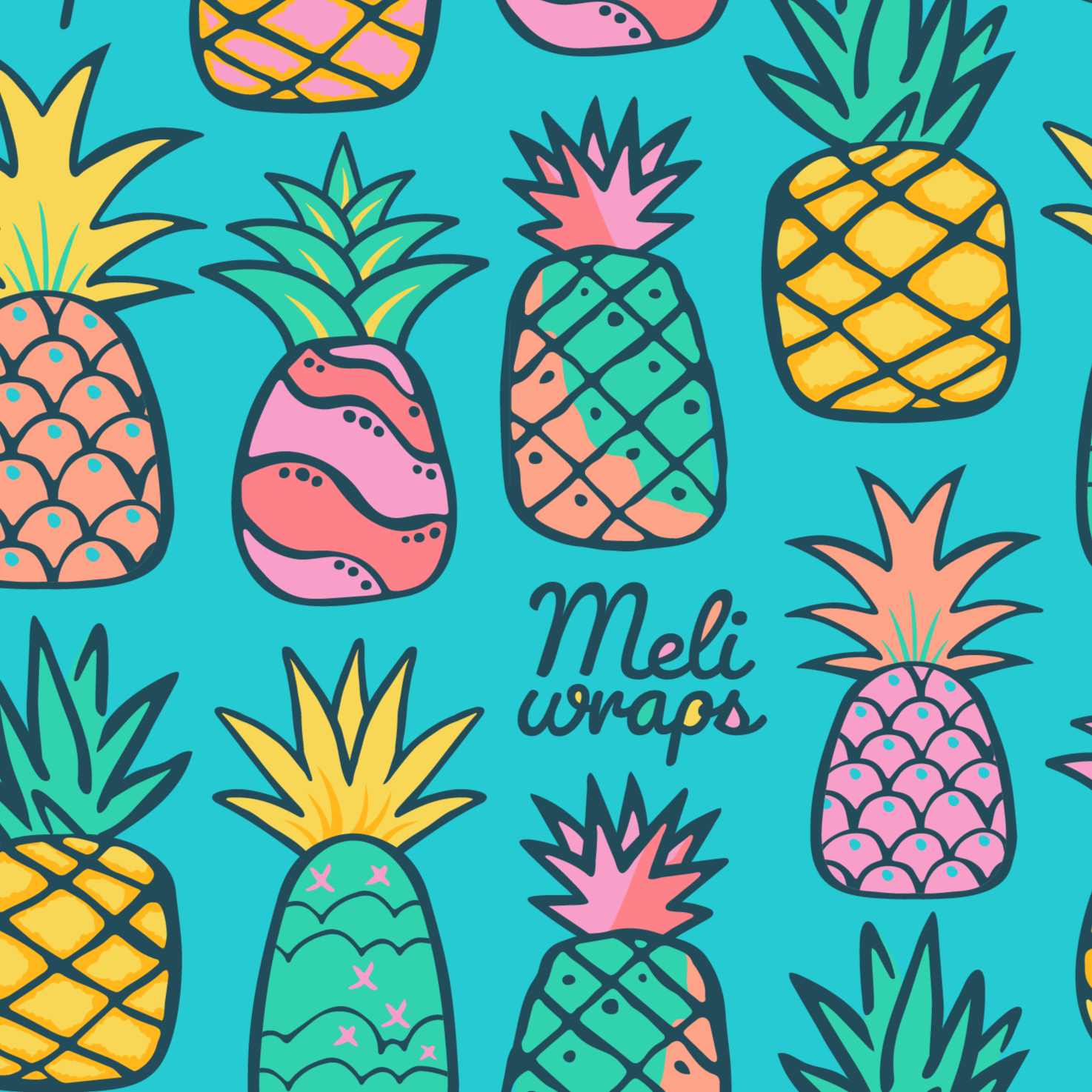 Colorful pineapple pattern with 'Meli wraps' branding on a blue background