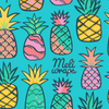 Colorful pineapple pattern with 'Meli wraps' branding on a blue background