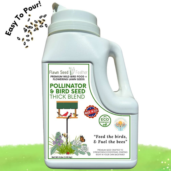 White container of Flawn Seed Pollinator & Bird Seed Thick Blend on a white background