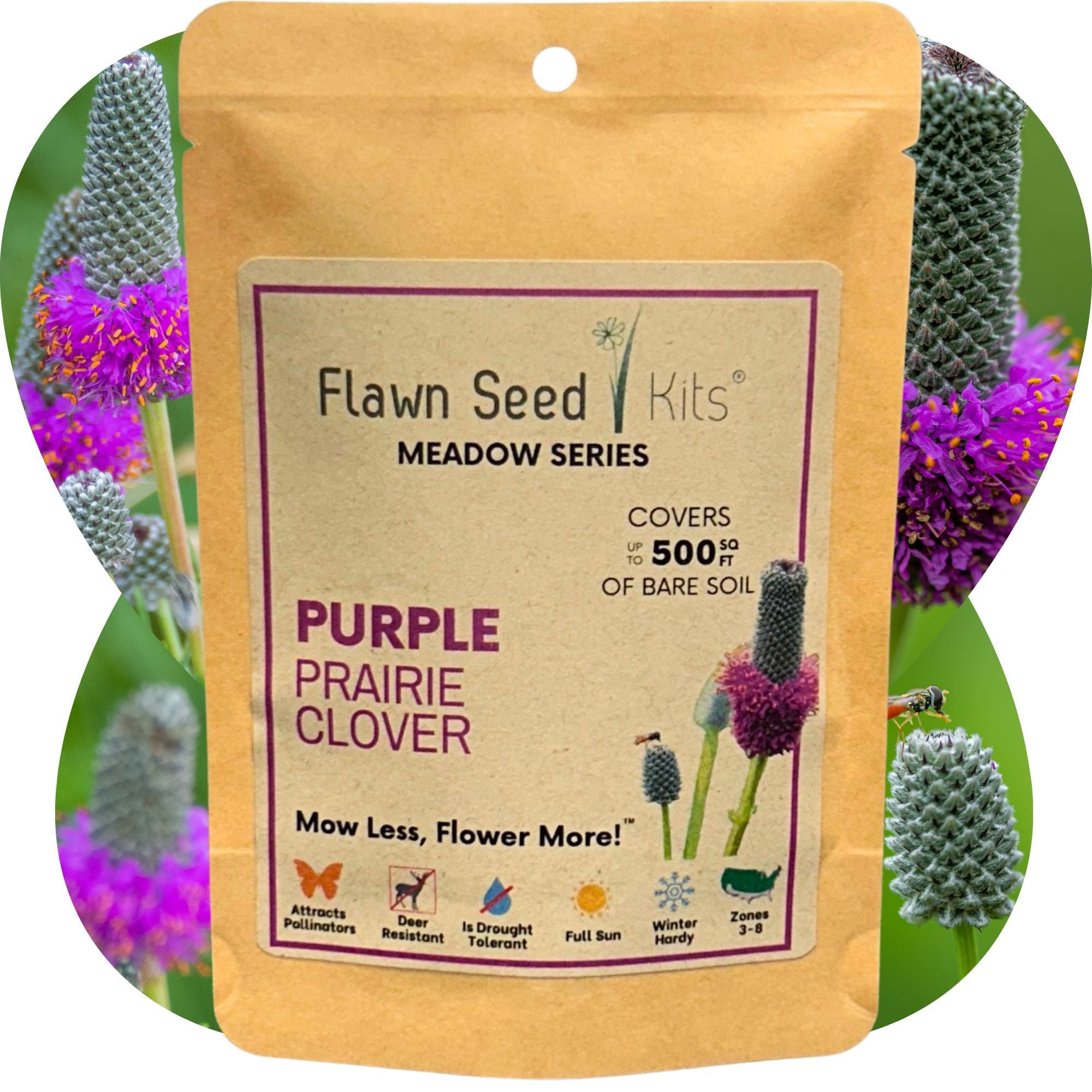 Flawn Seed Kits packaging for Purple Prairie Clover with floral background. Transform your garden with Purple Prairie Clover (Dalea purpurea) seed. This native, drought-tolerant wildflower is the perfect low-maintenance solution for attracting pollinators and creating an eco-friendly landscape. Packaged in a compostable pouch, these non-GMO seeds help you support the environment effortlessly.