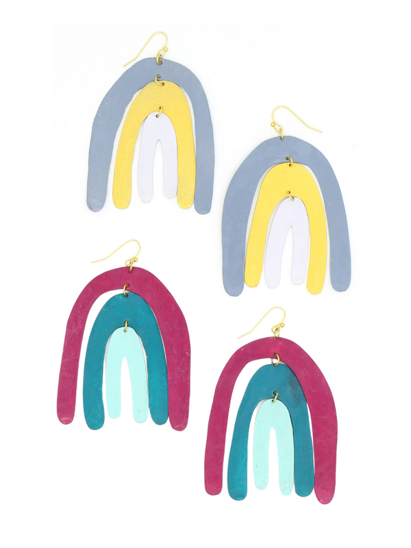 Painted rainbow statement earrings in bold blue and purple, handcrafted from upcycled brass by Fair Anita