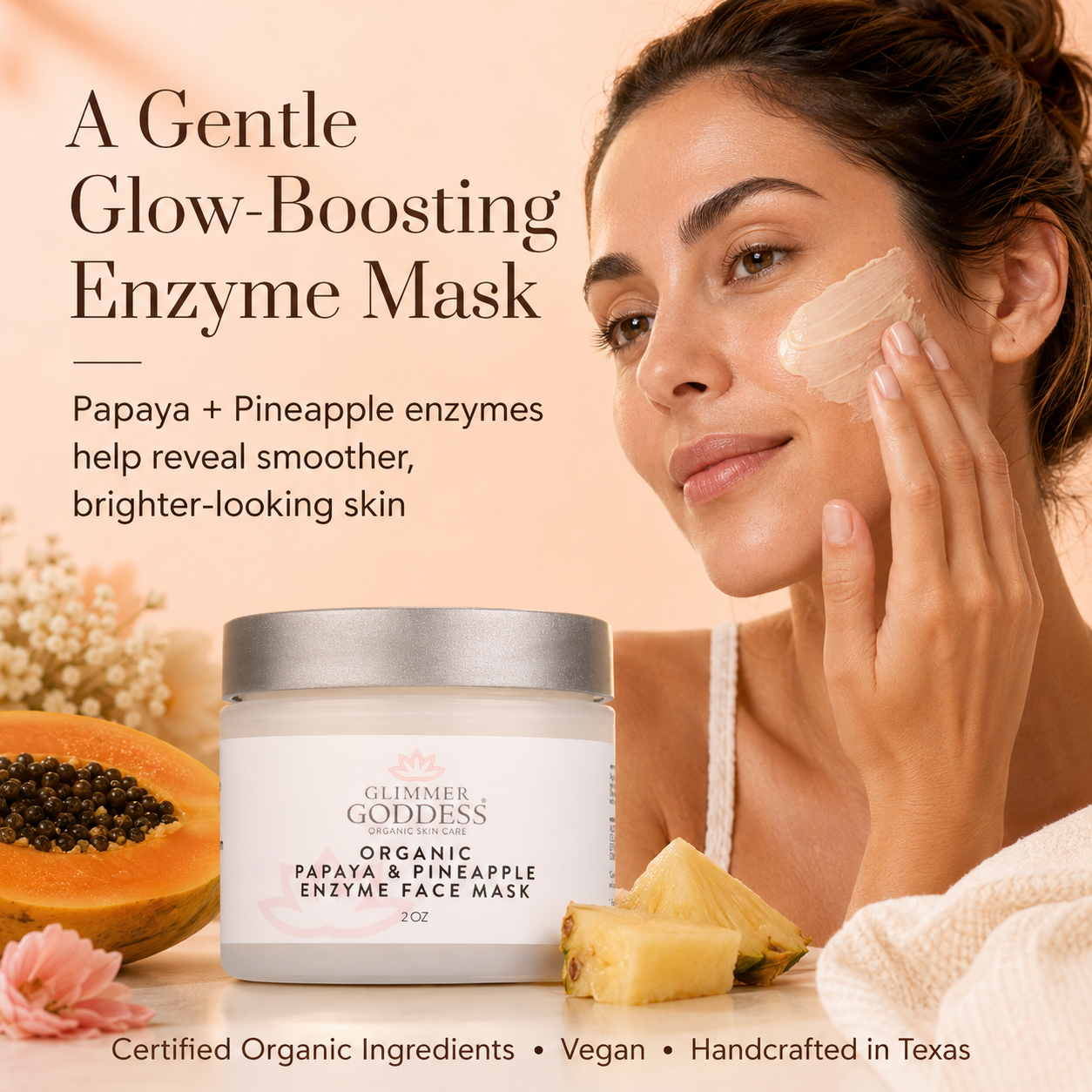 Glimmer Goddess organic fruit enzyme face mask with papaya and pineapple ingredients displayed