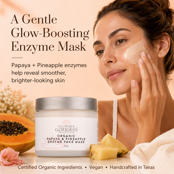 Glimmer Goddess organic fruit enzyme face mask with papaya and pineapple ingredients displayed