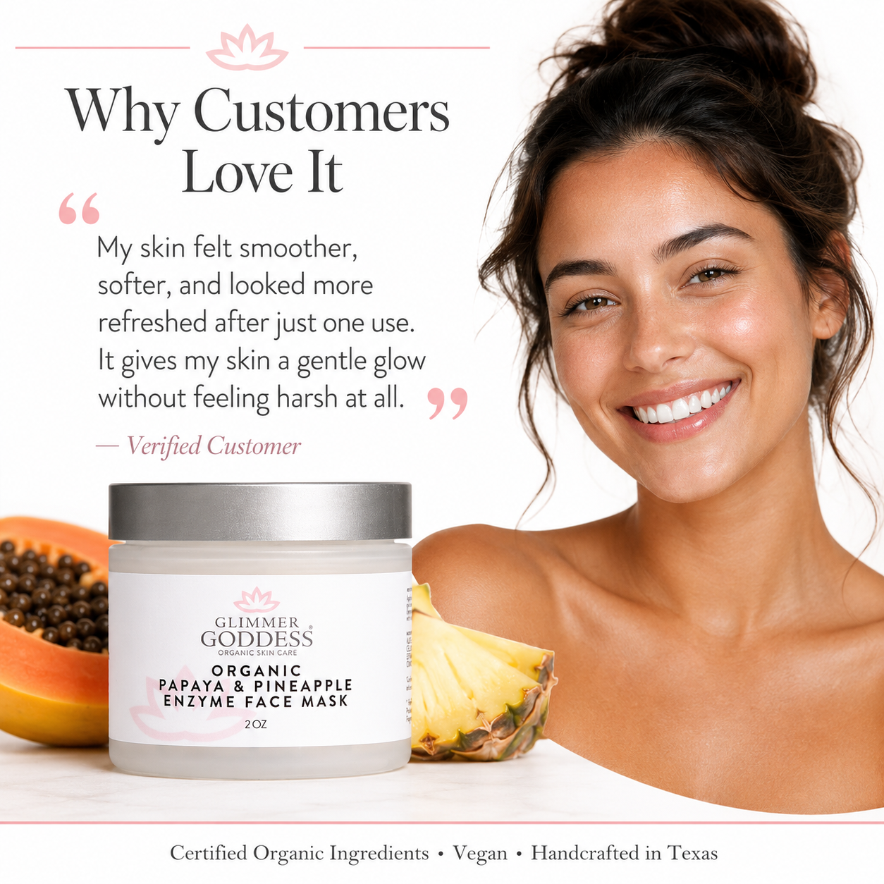 Customer testimonial for Glimmer Goddess Organic Papaya Pineapple Enzyme Face Mask – 5-star review