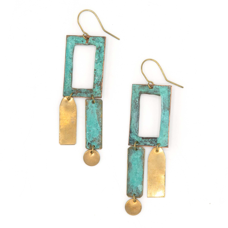 Patina frame artisanal drop earrings made from recycled brass and copper by Fair Anita