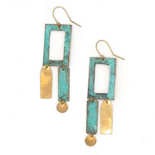 Patina frame artisanal drop earrings made from recycled brass and copper by Fair Anita