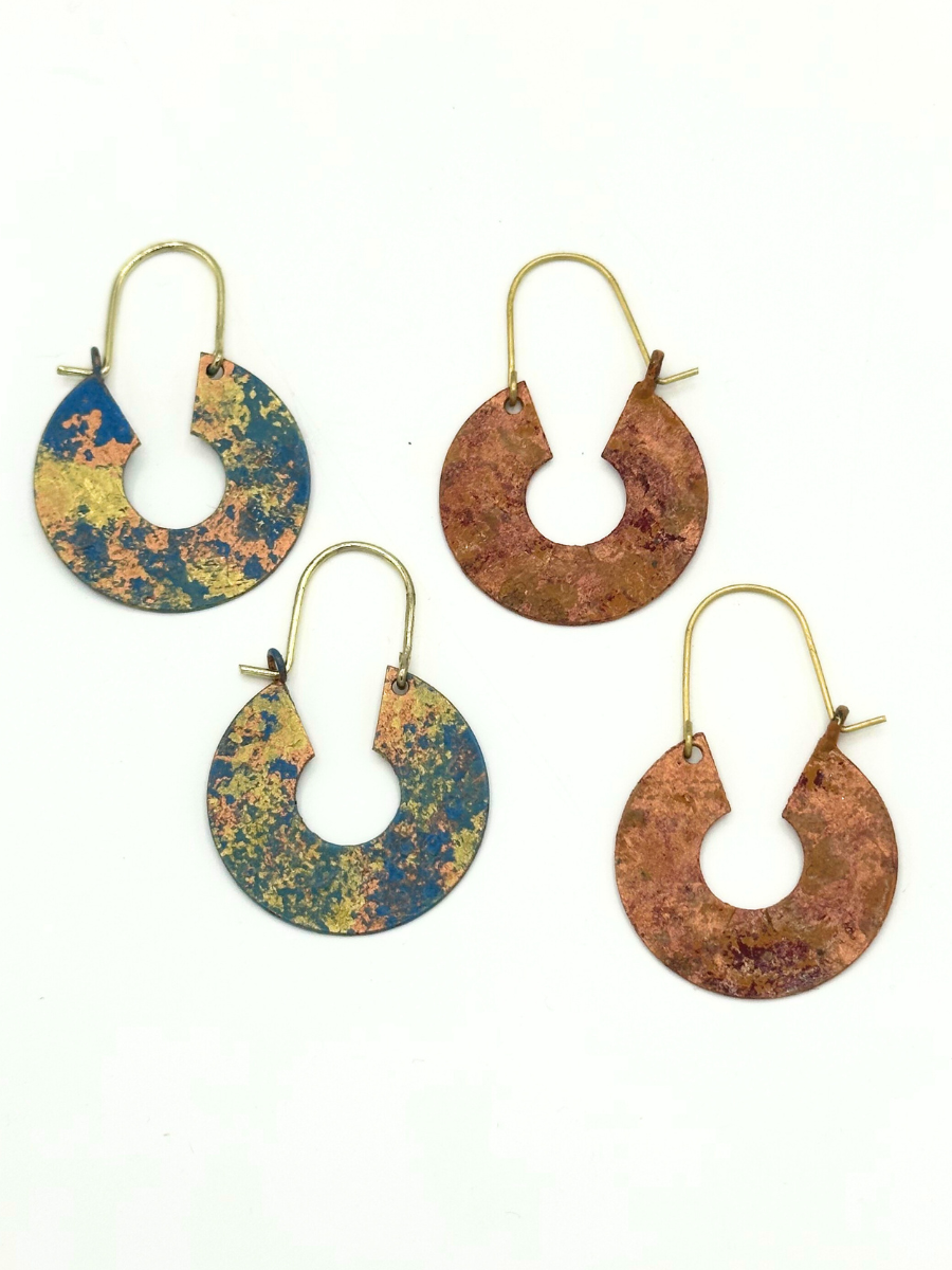 Patina hammered hoop earrings in recycled brass with painted patina finish by Fair Anita
