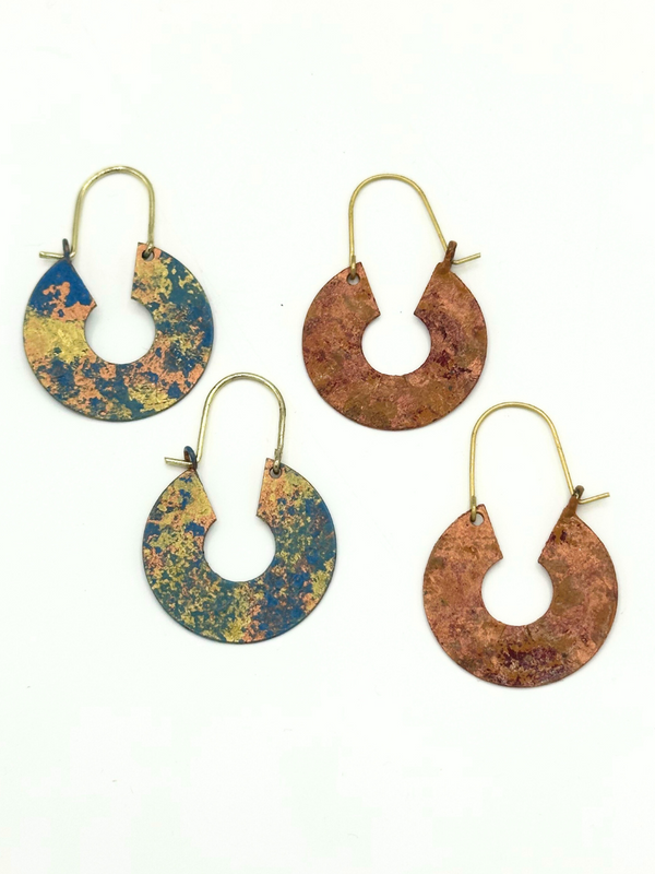 Patina hammered hoop earrings in recycled brass with painted patina finish by Fair Anita