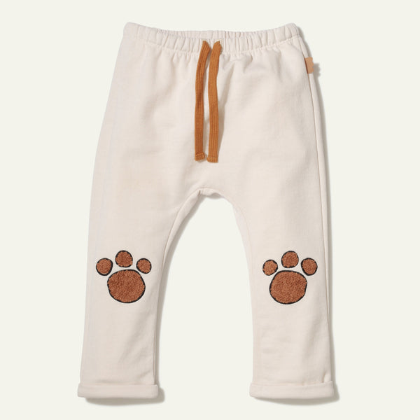 Mon Coeur Recycled Cotton Paw Patch Baby Harem Pants - front view in natural colour with contrast waist tape