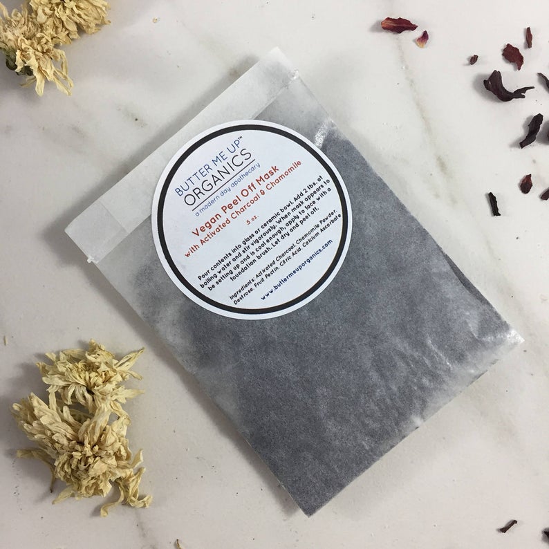 Butter Me Up Organics vegan activated charcoal peel-off mask packet — natural, cruelty-free pore-cleansing treatment