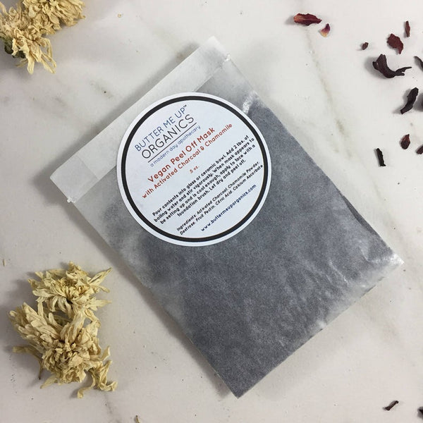 Butter Me Up Organics vegan activated charcoal peel-off mask packet — natural, cruelty-free pore-cleansing treatment