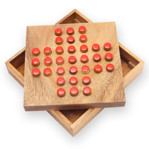 Peg Solitaire wooden board game with travel box and pegs — single-player IQ strategy puzzle by Kubiya Games