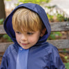 Mon Coeur Colorblock Raincoat! Eco-friendly rainwear for kids. Made from 100% recycled polyester. Water-resistant, wind-resistant, insulated. Peri blue & navy. 