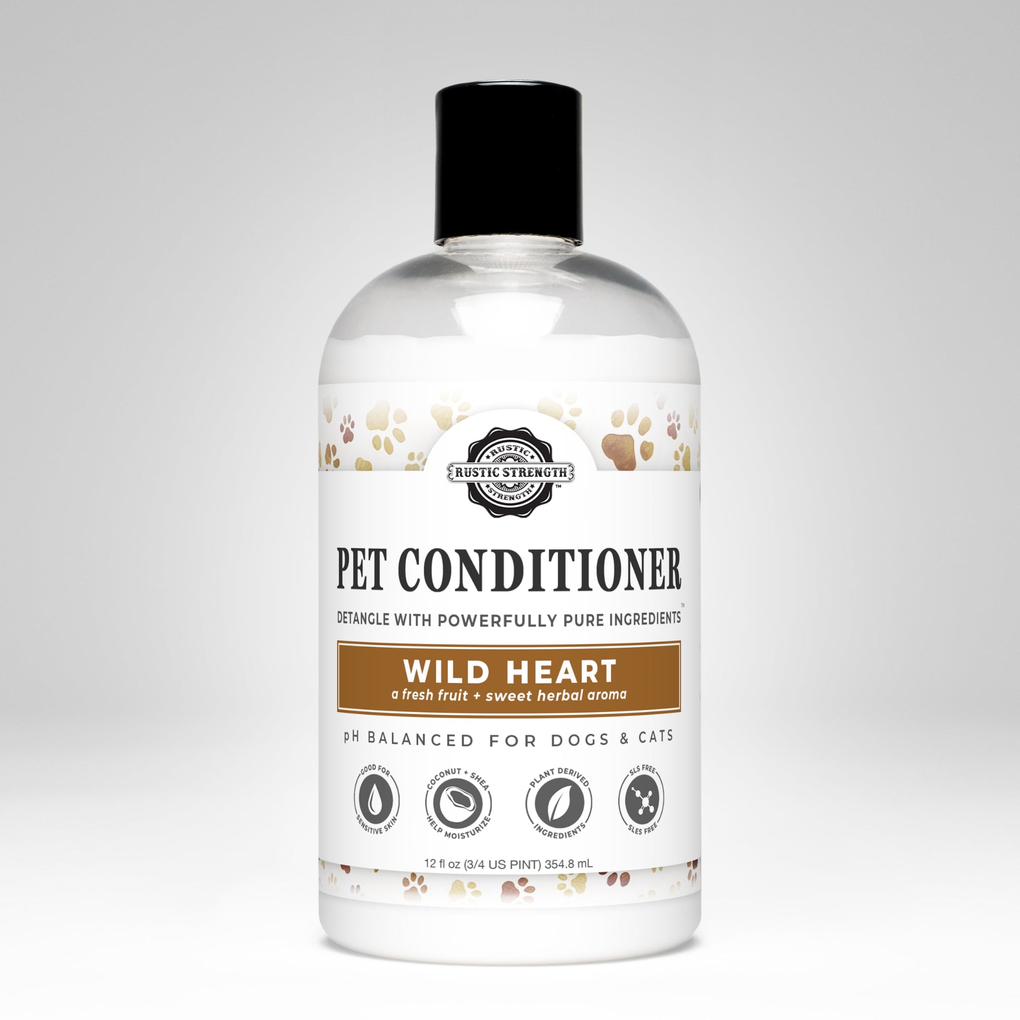 A bottle of Rustic Strength Pet Conditioner with the label 'Wild Heart'. The bottle is white with a label that has brown and black text and an image of a dog and a cat, indicating that it is suitable for both dogs and cats.