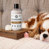 Pet conditioner bottle labeled 'Wild Heart' next to a Cavalier King Charles Spaniel on a wooden tray with flowers.