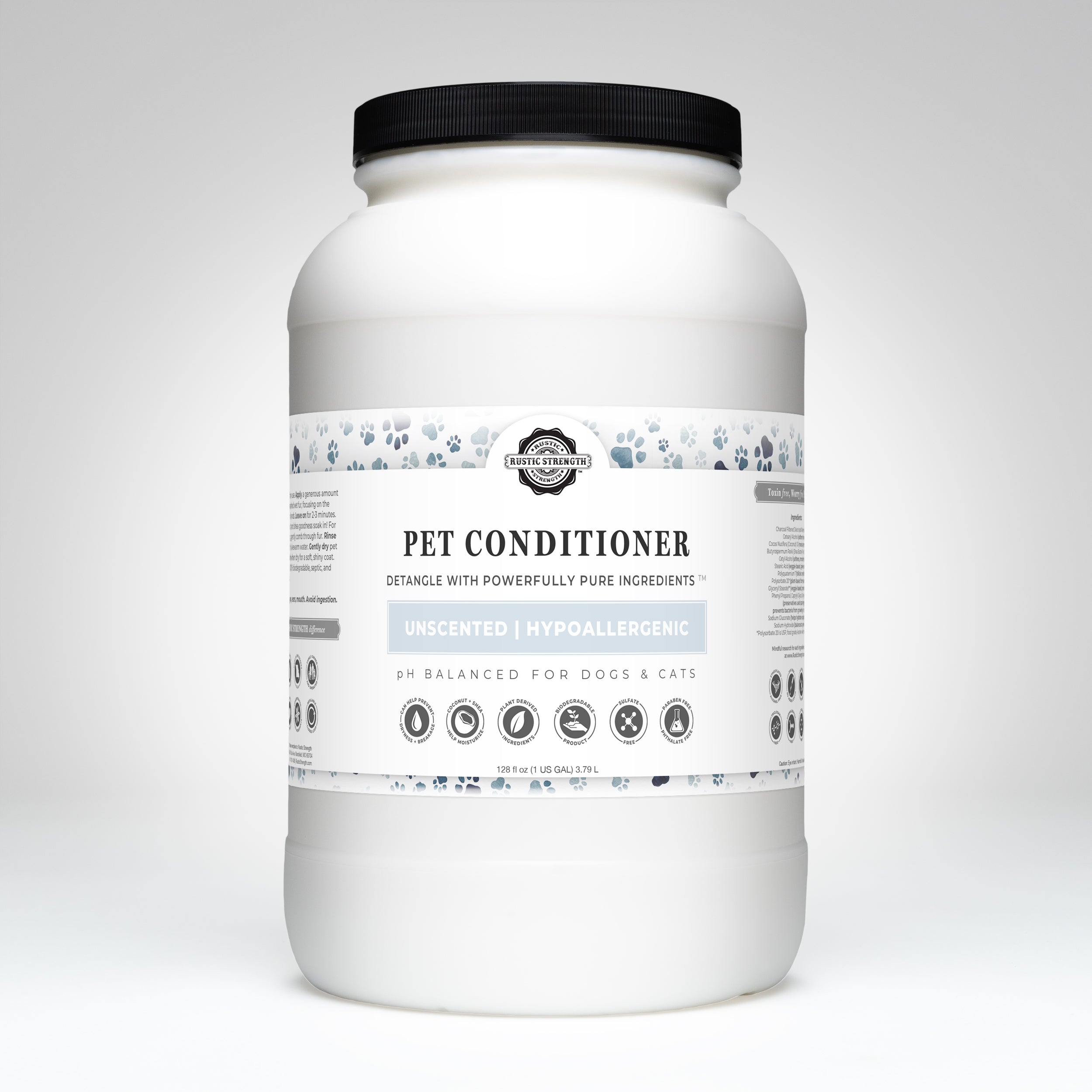 Rustic Strength unscented pet conditioner gallon size — natural ingredients for all coat types