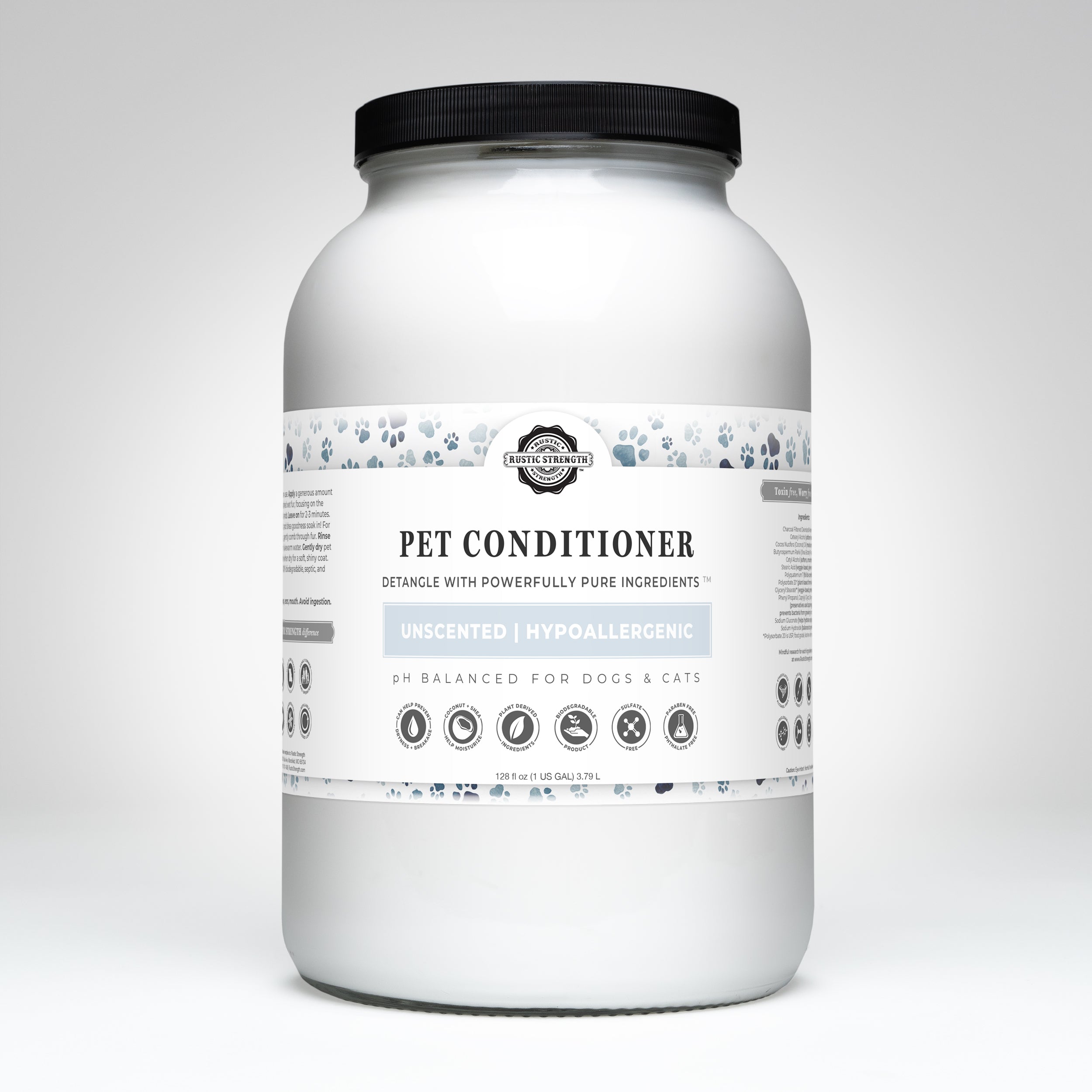 Gallon jug of Rustic Strength natural pet conditioner with coconut oil and shea butter