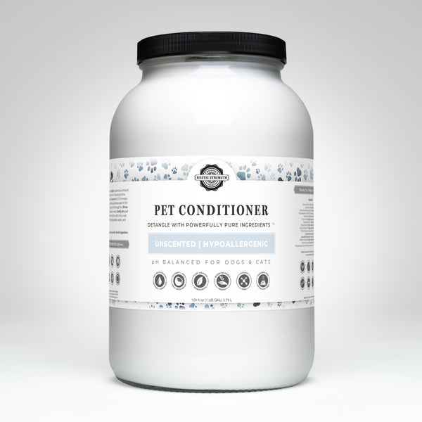 Gallon jug of Rustic Strength natural pet conditioner with coconut oil and shea butter