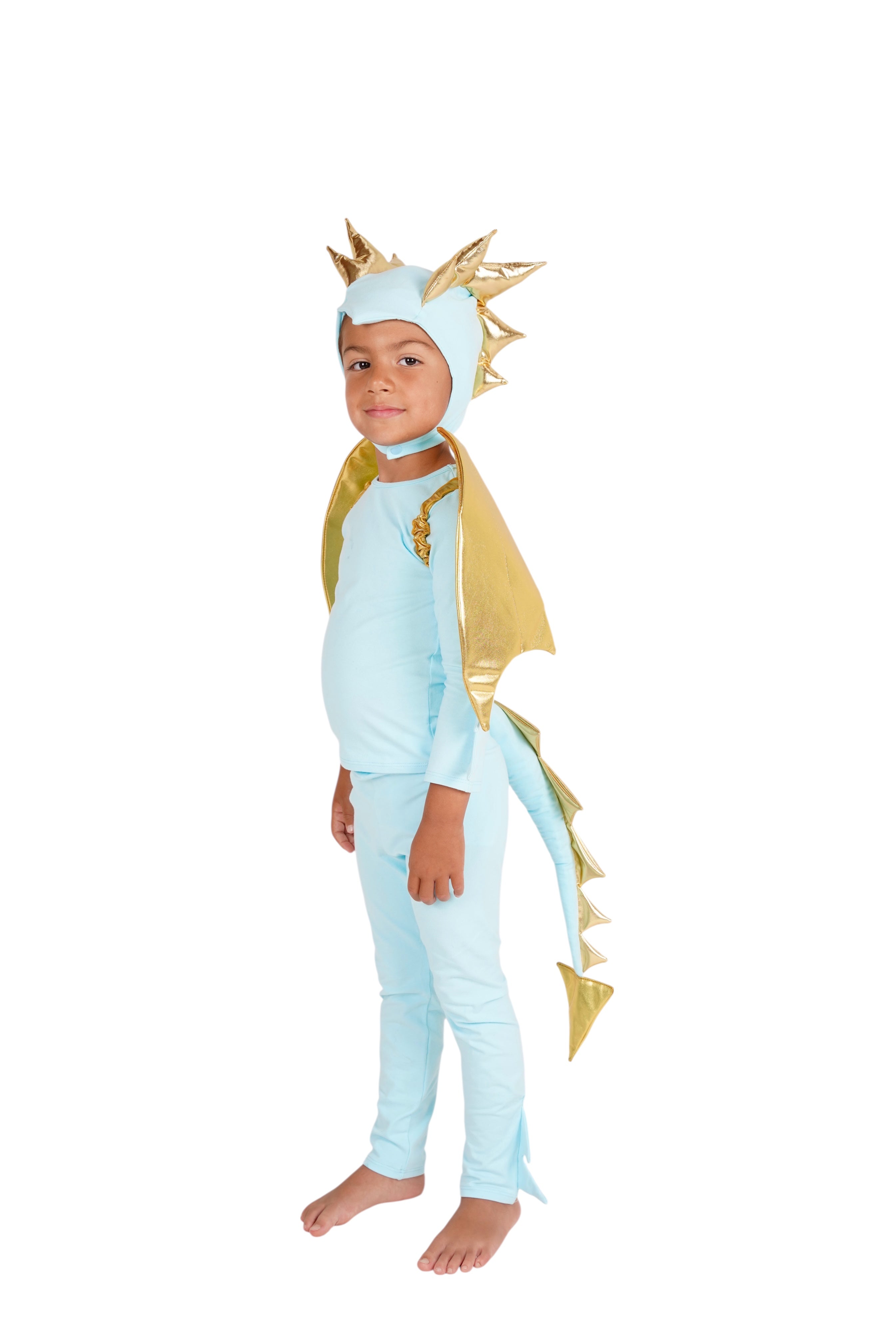 Child wearing a light blue and gold dragon costume on a white background