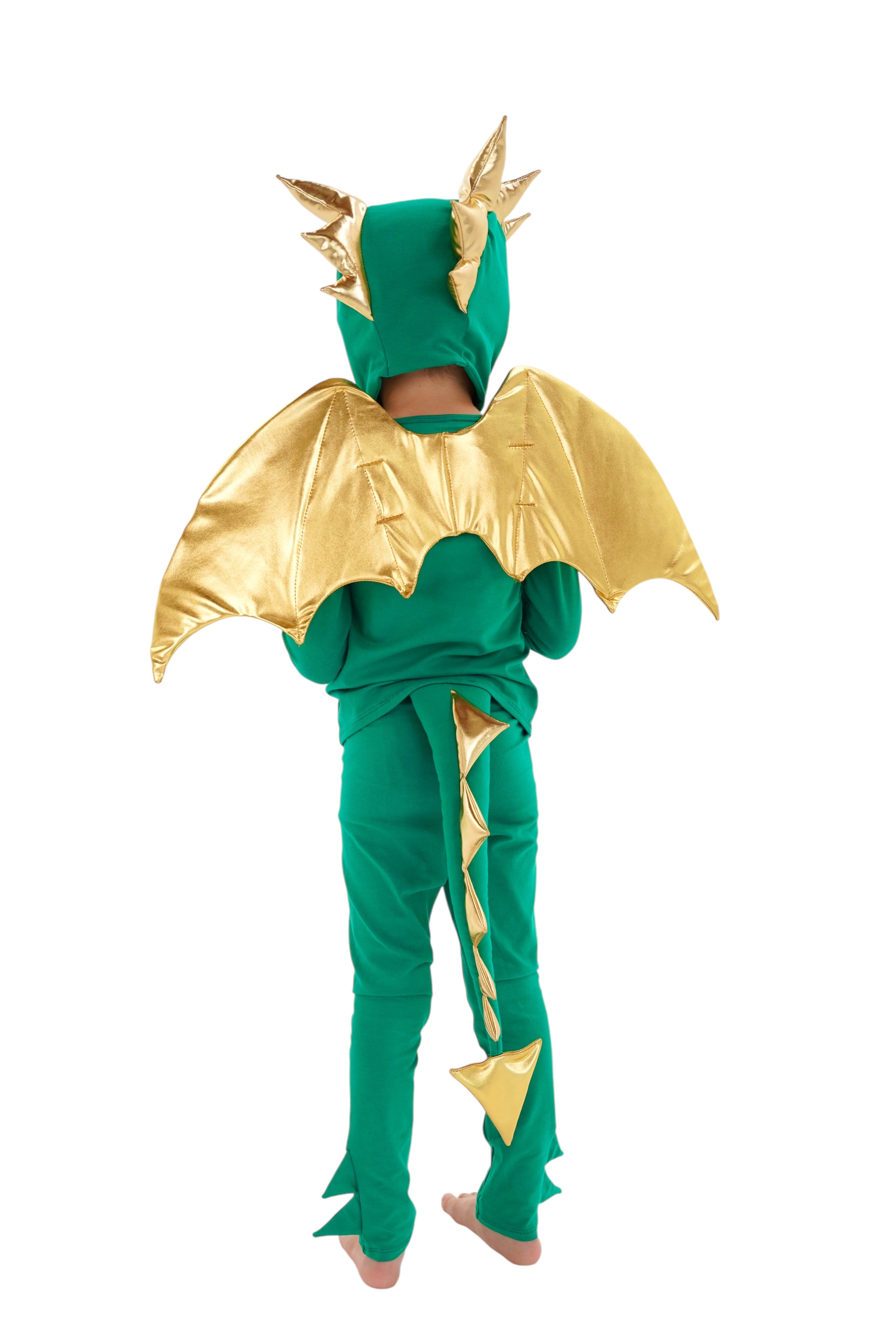 Child wearing a green and gold dragon costume on a white background