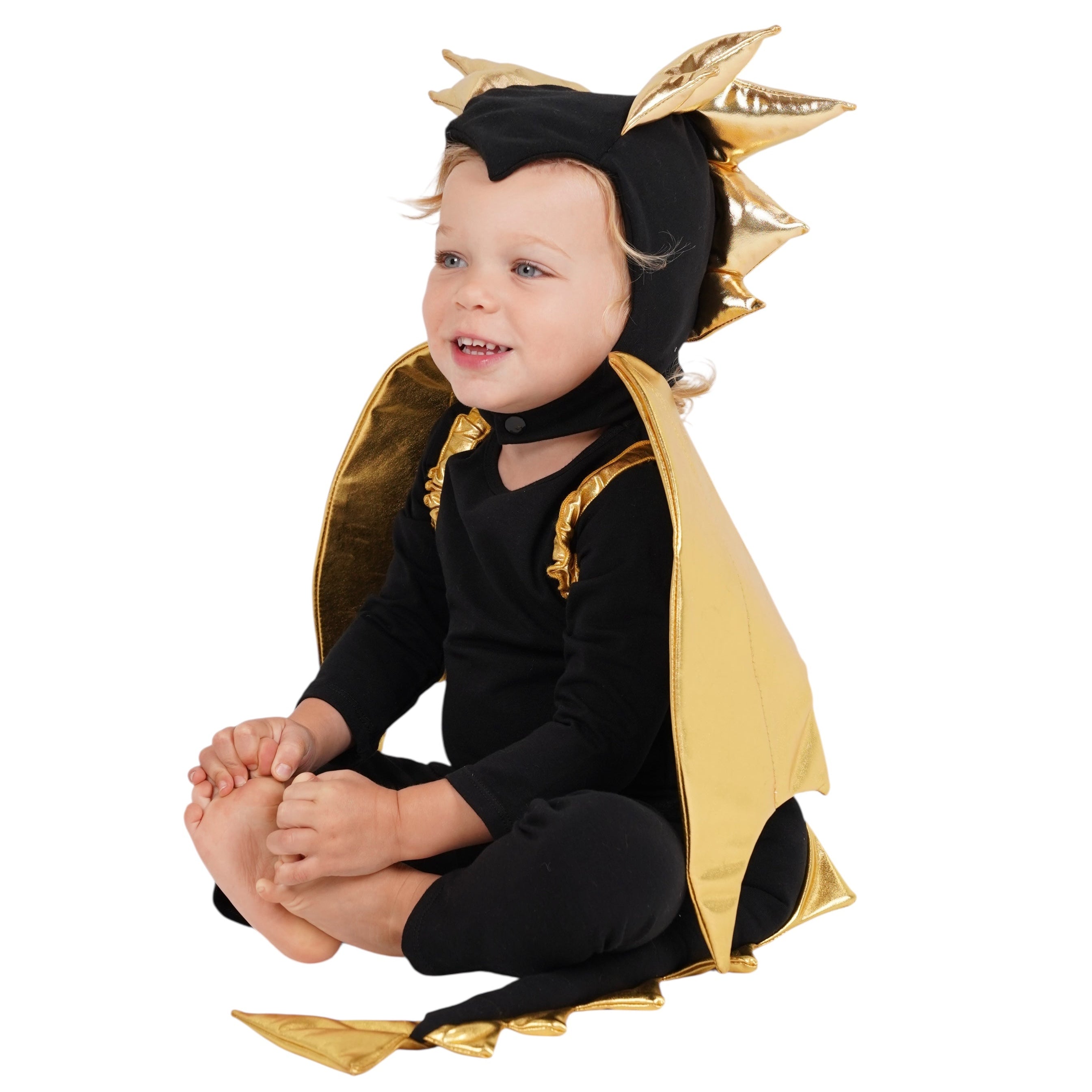 Baby Black Dragon Halloween Costume detail of dragon wings and golden spikes