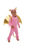 Child wearing a pink dragon costume with gold wings on a white background