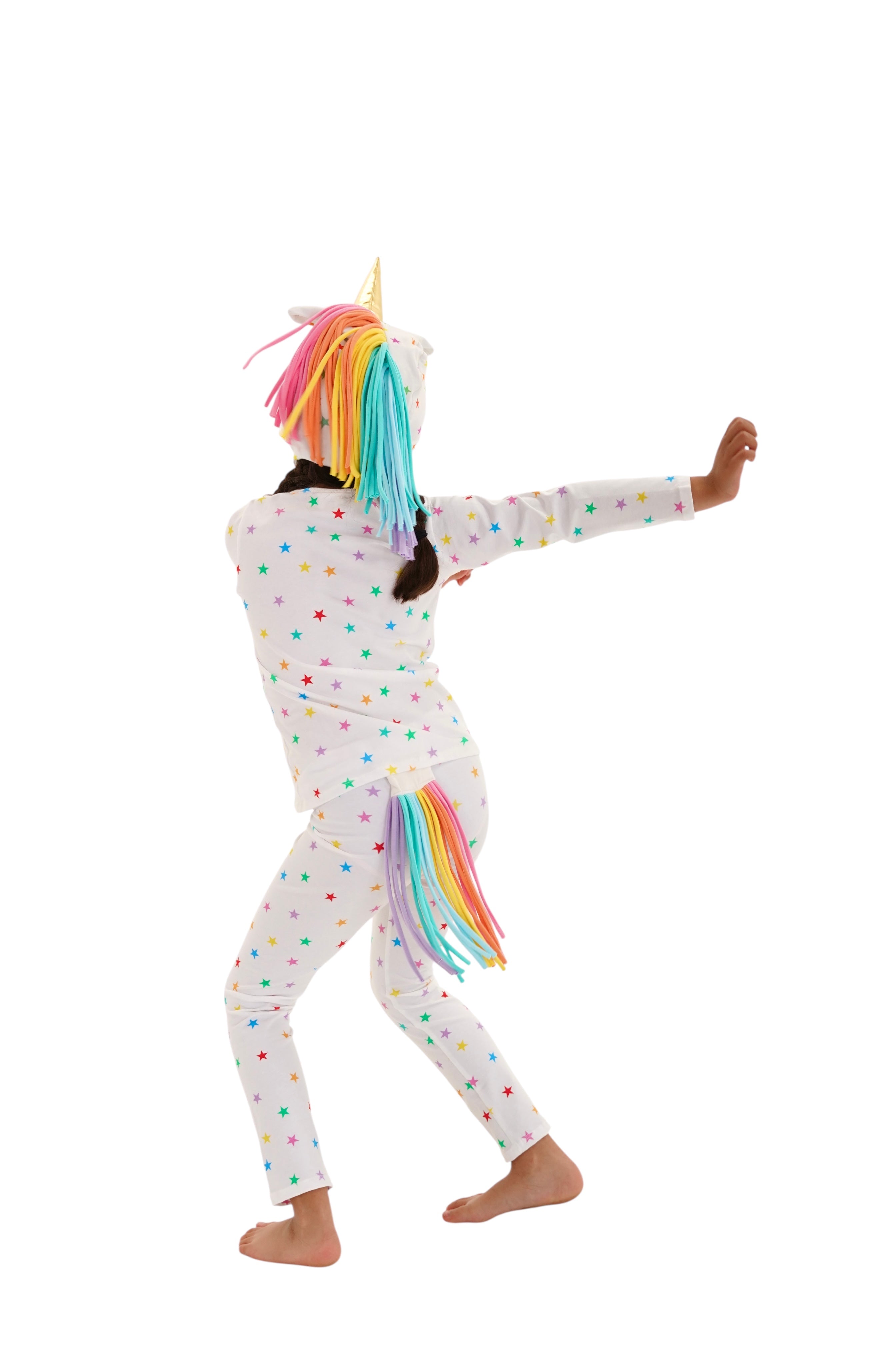 Person wearing a unicorn-themed onesie with colorful hair and tail on a white background