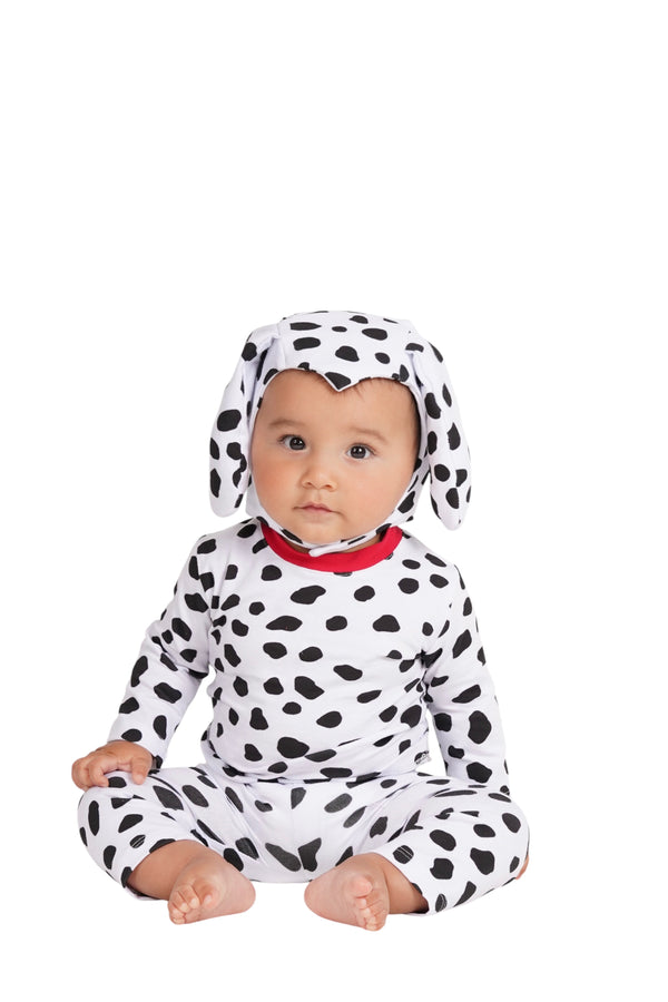 Baby in a Dalmatian costume on a white background