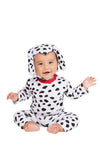 Baby Dalmatian Halloween costume with spotted top, bottoms, puppy hat and tail