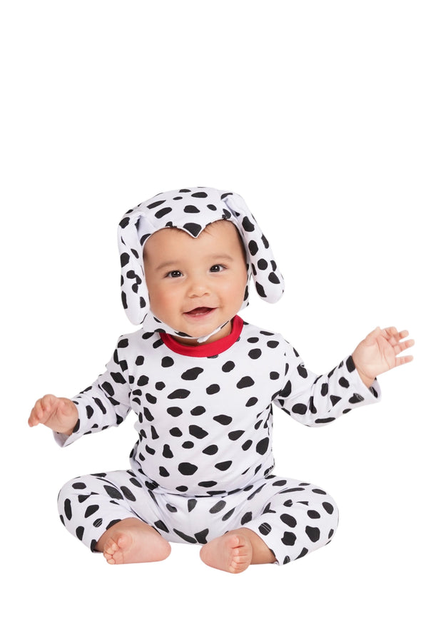 Baby Dalmatian Halloween costume with spotted top, bottoms, puppy hat and tail