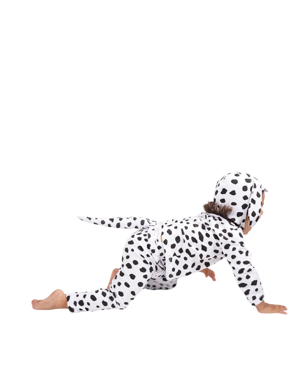 Child wearing a Dalmatian costume on a white background