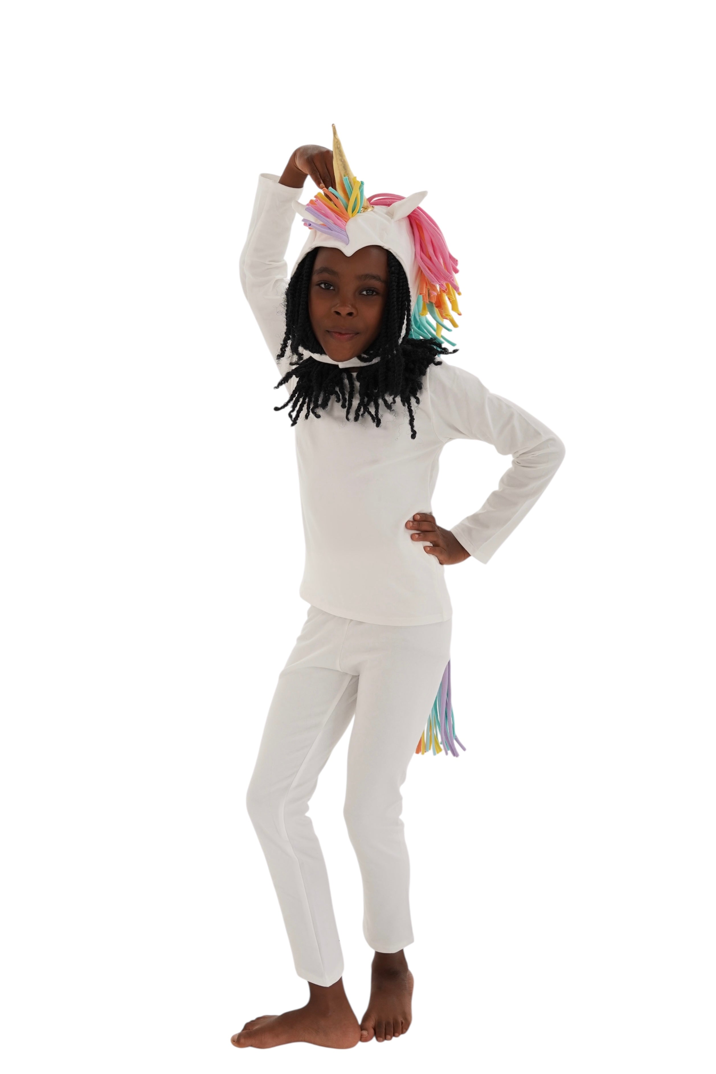 Person wearing a unicorn costume with a white base and colorful accents on a white background