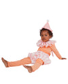 Child wearing a clown costume with pink and orange outfit on a white background
