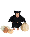 Child in a bat costume with pumpkins on a white background