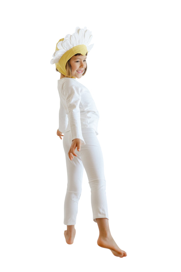 Person wearing a white outfit with a yellow hat on a white background