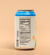 A can of kombucha shown from the back, displaying the nutrition facts label, barcode, and a blue 'KEEP REFRIGERATED' band, set against a solid peach background.