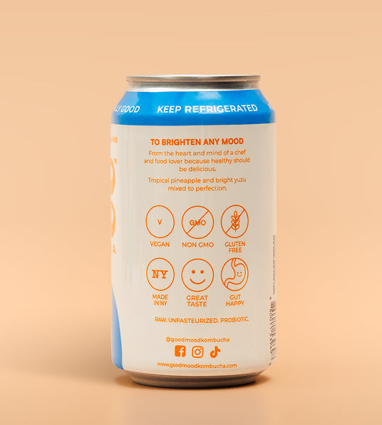 A 12 oz aluminum can of Good Mood Sambuca beverage, showing the back panel with orange text and icons on a white background, topped with a blue band. The can is centered against a solid peach-beige background.