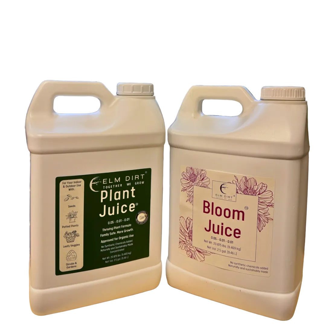 Elm Dirt Bulk Garden Bundle — 2.5 gallon Plant Juice and 2.5 gallon Bloom Juice jugs with garden plants in the background