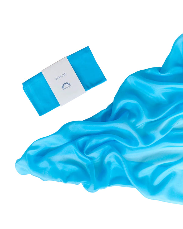 Sarah's Silks turquoise playsilk, a 35x35-inch 100% pure silk open-ended toy for children's imaginative and sensory play