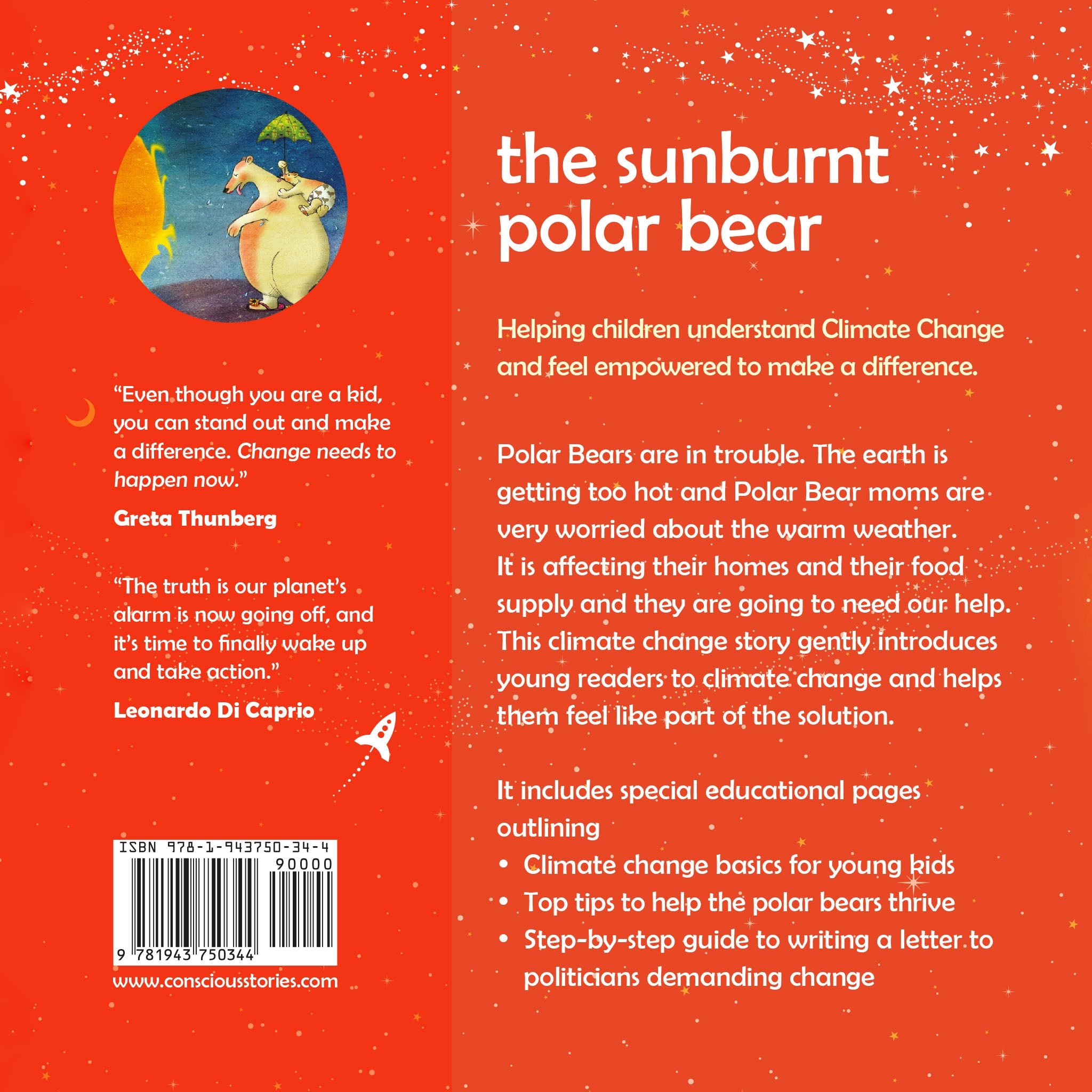 Back cover of The Sunburnt Polar Bear – children's bedtime storybook about global warming for ages 3 to 8