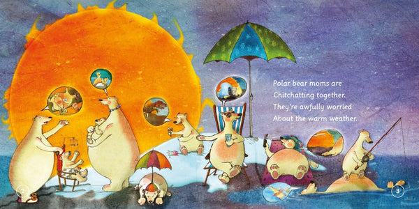 Illustrated interior pages of The Sunburnt Polar Bear showing Mama Polar Bear and her cubs